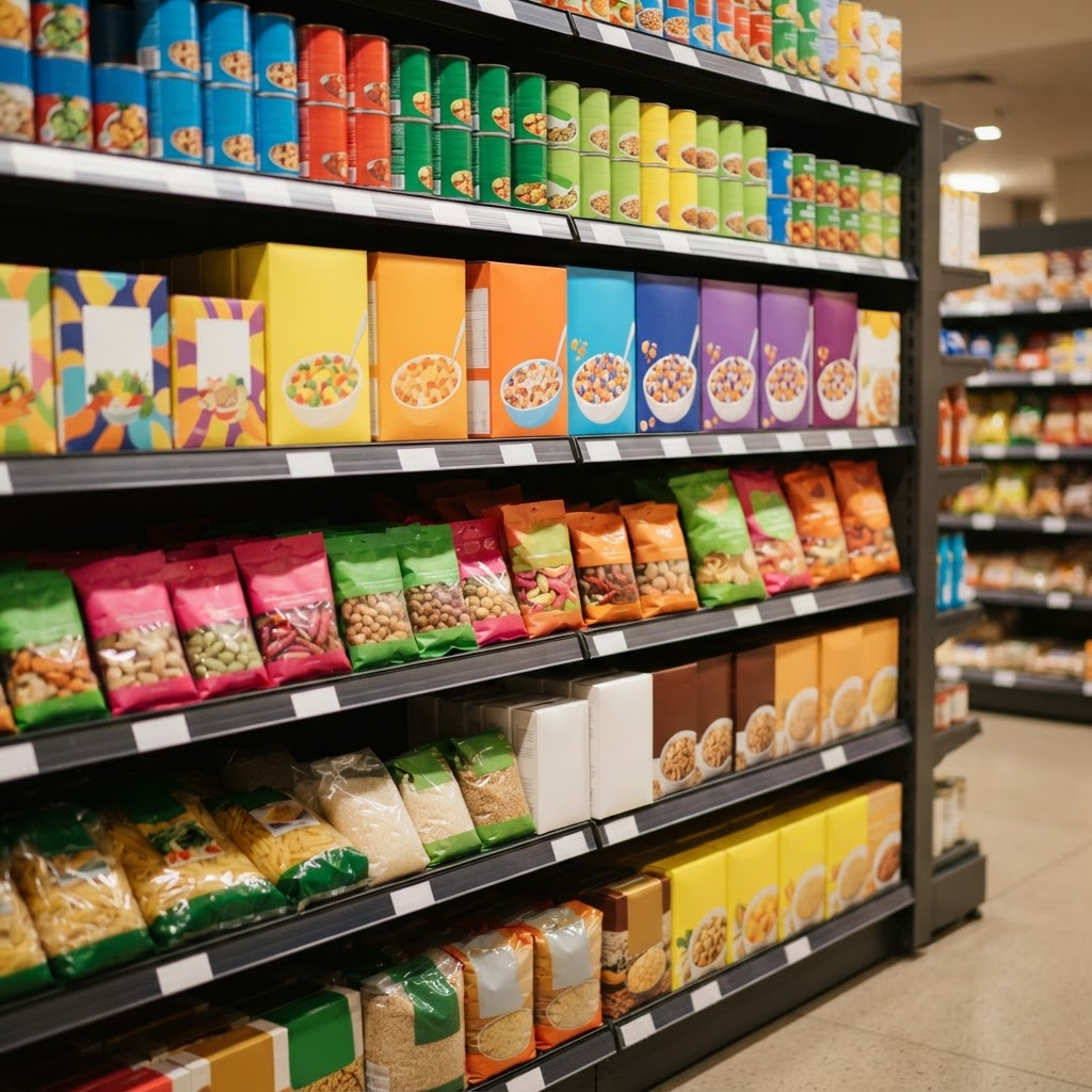 Well-stocked grocery store shelves with colourful packaged goods